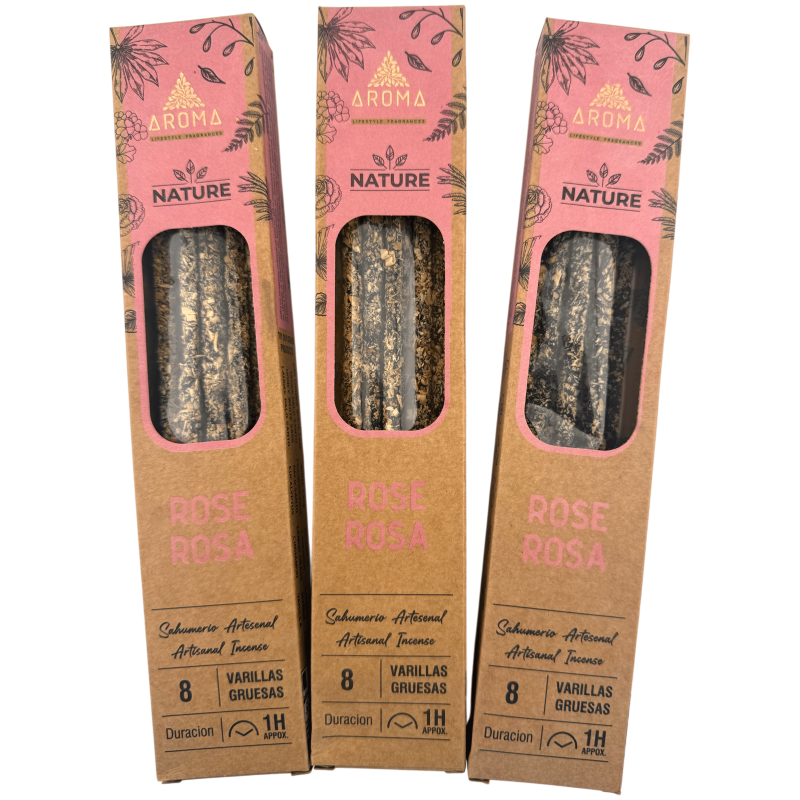 Verpakking van 3 biologische roze wierookstokjes AROMA Nature - 8 stokjes, brandduur 1 uur-AROMA Nature Biologische Wierook Voordeelverpakkingen-HOSTENATURA