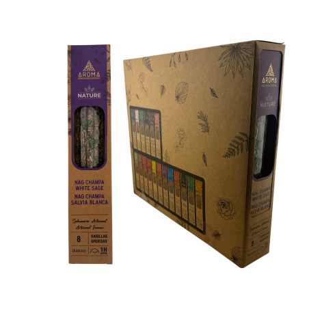 AROMA Nature Organic Incense Box Nag Champa White Sage - 12 boxes of 8 thick sticks