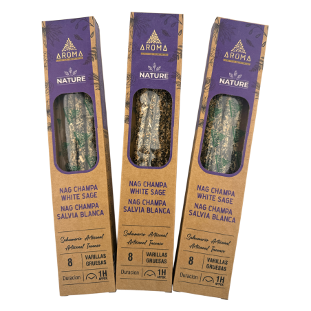 Lot de 3 bâtonnets d'encens bio Nag Champa et Sauge Blanche AROMA Nature - 8 bâtonnets, durée 1 heure