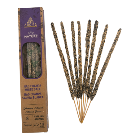 Lot de 3 bâtonnets d'encens bio Nag Champa et Sauge Blanche AROMA Nature - 8 bâtonnets, durée 1 heure
