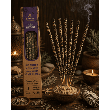 Pack of 3 Organic Incense Sticks Nag Champa and White Sage AROMA Nature - 8 sticks, 1 hour duration
