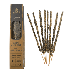 Caja Incienso Orgánico Miel Salvia Blanca AROMA Nature - 12 cajitas de 8 barritas gruesas
