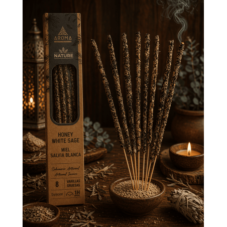 Caja Incienso Orgánico Miel Salvia Blanca AROMA Nature - 12 cajitas de 8 barritas gruesas