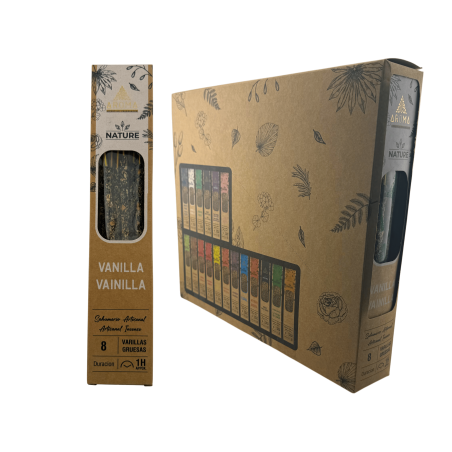 Coffret d'encens bio à la vanille AROMA Nature - 12 boîtes de 8 bâtonnets épais