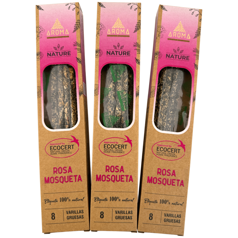 Opakowanie 3 organicznych kadzidełek z dzikiej róży AROMA Nature – 8 patyczków, czas działania 1 godziny-AROMA Nature Organic Incense Savings Packs-HOSTENATURA