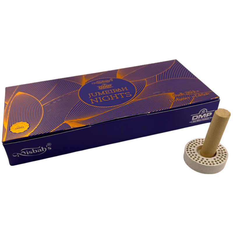 Encens Dhoop arabe Jumeirah Nights Misbah's DMP Perfumer Edition - 10 bâtonnets d'encens avec brûleur-Encens arabe DMP Oudh Édition Parfumeur de Dhoop Misbah-HOSTENATURA