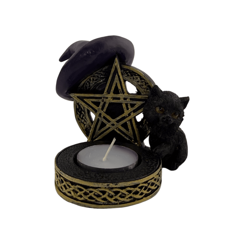 Figura Porta velas Gato Negro Resina con Pentagrama 11x9,7x8,3cm-FIGURAS ESOTÉRICAS-HOSTENATURA
