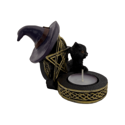 Figura Porta velas Gato Negro Resina con Pentagrama 11x9,7x8,3cm