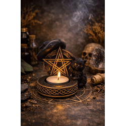 Figura Porta velas Gato Negro Resina con Pentagrama 11x9,7x8,3cm