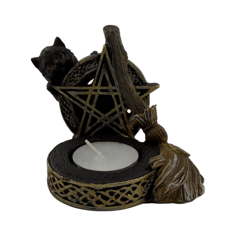 Pentagramm-Kerzenhalter-Figur mit schwarzer Katze und Besen, 11 x 9,7 x 8,3 cm-ESOTERISCHE FIGUREN-HOSTENATURA