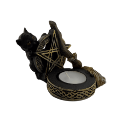 黒猫とほうきを持った五芒星キャンドルホルダーの置物 11x9.7x8.3cm