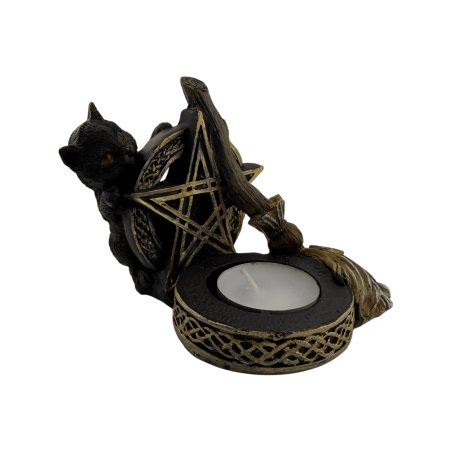 Figura Porta velas Pentagrama con Gato Negro y Escoba 11x9,7x8,3cm