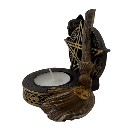 Figura Porta velas Pentagrama con Gato Negro y Escoba 11x9,7x8,3cm