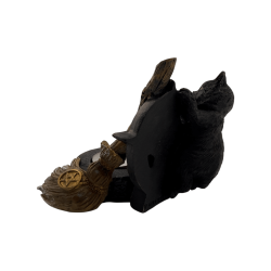 黒猫とほうきを持った五芒星キャンドルホルダーの置物 11x9.7x8.3cm