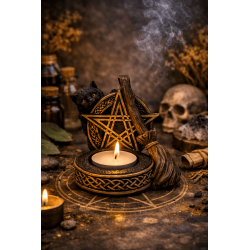 Pentagram Candle Holder Figurine with Black Cat and Broom 11x9.7x8.3cm