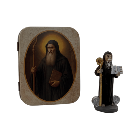 Heiliger Benedikt, Harzfigur, 5 cm, in Dose