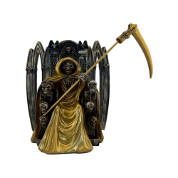 Harsbeeldje van Santa Muerte zittend, 15 cm, goudkleurig