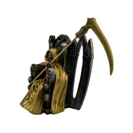 Statuetta in resina di Santa Muerte seduta, 15 cm, colore oro.
