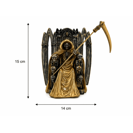 Figurine en résine de Santa Muerte assise, 15 cm, dorée