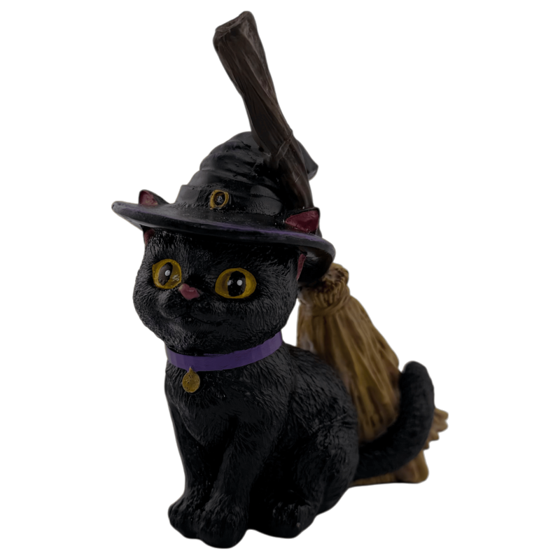 Figurine en résine Chat Sorcière avec balai 11 cm.-CHIFFRES ÉSOTÉRIQUES-HOSTENATURA