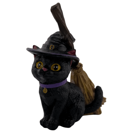 Statuetta in resina di gatto strega con scopa, 11 cm.