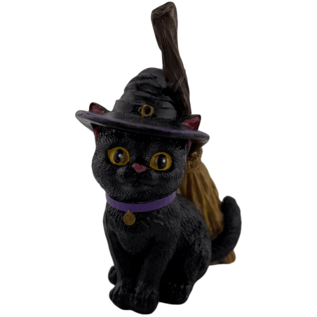 Statuetta in resina di gatto strega con scopa, 11 cm.