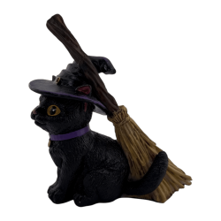 Figura de resina de uma gata bruxa com vassoura, 11 cm.