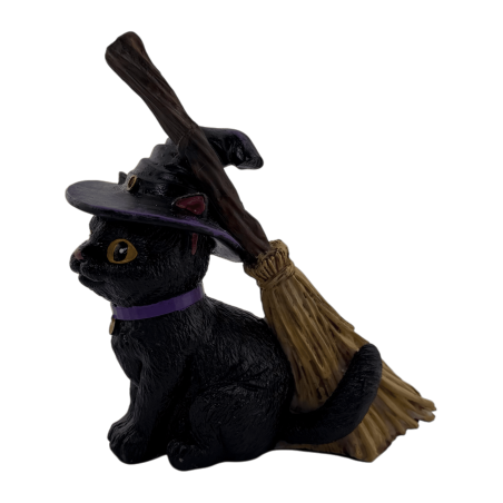 Figurine en résine Chat Sorcière avec balai 11 cm.