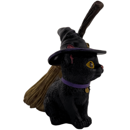 Statuetta in resina di gatto strega con scopa, 11 cm.