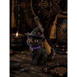 Figurine en résine Chat Sorcière avec balai 11 cm.