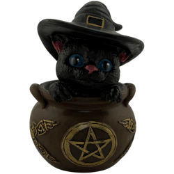 Statuetta in resina di una strega-gatto in un calderone, 11 cm.