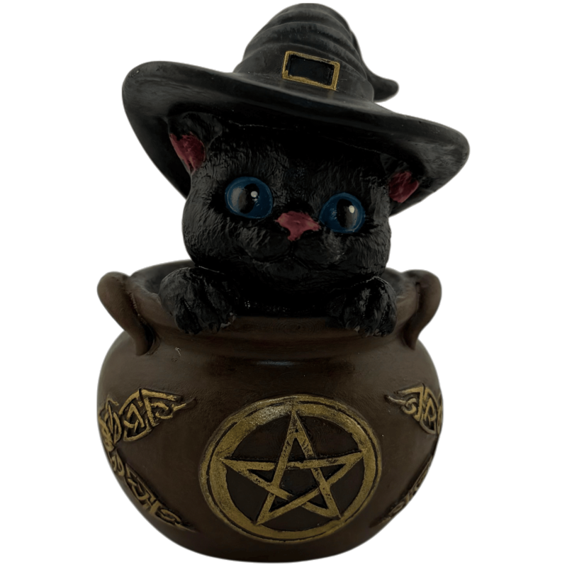 樹脂製フィギュア　大釜に入った魔女猫　11cm-難解な図-HOSTENATURA