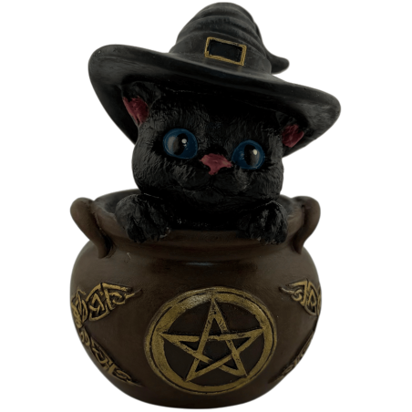Figura Resina Gato Brujo en caldero 11cm