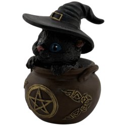Figura de resina de uma gata bruxa em um caldeirão, 11 cm