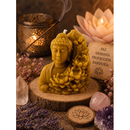 Bougie Bouddha au miel avec fleur de lotus 8x7cm.