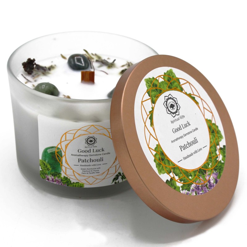 Candela con patchouli e avventurina verde - Buona fortuna-CANDELE PROFUMATE CON PIETRE PREZIOSE-HOSTENATURA