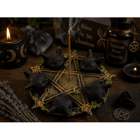 Pentagram Incense Holder with Black Cats 13x12.6x3.7cm