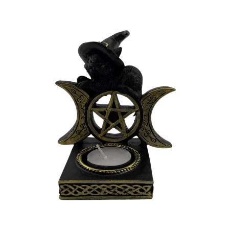 Castiçal de gato bruxo com pentagrama - 10,5 x 8,5 x 12,7 cm