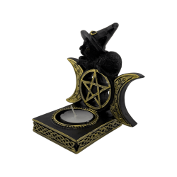 Häxkatt ljusstake med pentagram - 10,5x8,5x12,7cm