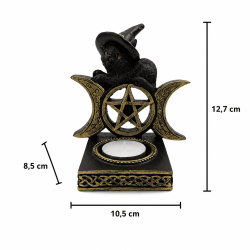 Häxkatt ljusstake med pentagram - 10,5x8,5x12,7cm