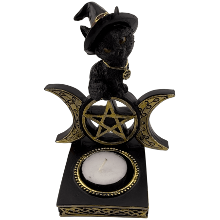 ペンタグラム付き魔女猫型キャンドルホルダー（縦型） - 10.5x8.5x12.7cm
