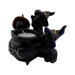 3 Black Cats Candle Holder with Cauldron and Triple Moon - 11.8x10x8.5cm
