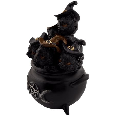 Resin Figurine of a Wizard Cat in a Magic Cauldron with a Triple Moon - 9.5x8x12.8cm