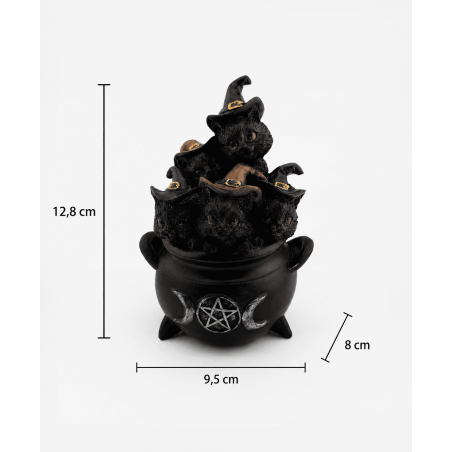 Estatueta de resina de um gato mago em um caldeirão mágico com uma lua tripla - 9,5 x 8 x 12,8 cm