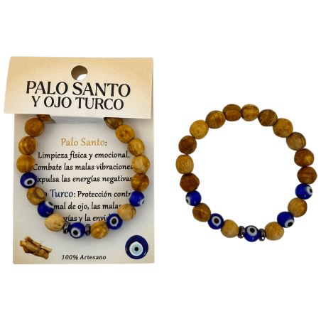 Pulsera Palo Santo y Ojo Turco 8mm - Limpieza, Protección contra el mal de ojo y energías negativas