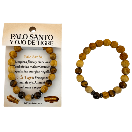 Polsera Pal Sant i Ull de Tigre 8mm - Neteja, Protecció, Contra el Mal d'Ull, Confiança, Seguretat...