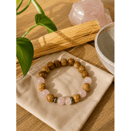 Armband aus Palo Santo und Rosenquarz (8 mm) – Reinigung, Liebe, Harmonie, Glück und innerer Frieden