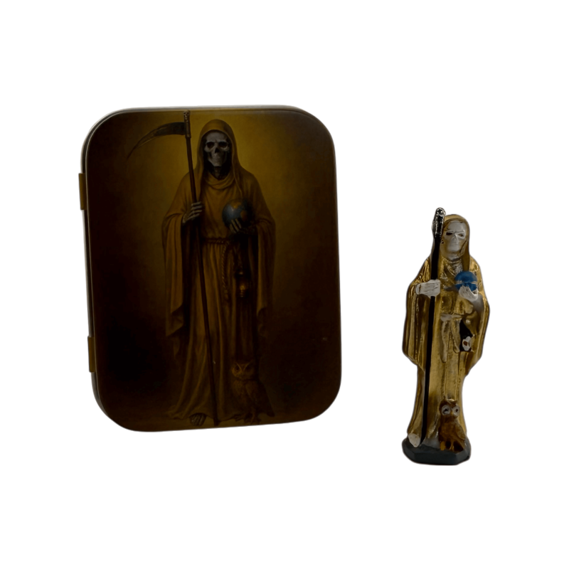Gouden Santa Muerte harsfiguur 5 cm in blik-ESOTERISCHE CIJFERS-HOSTENATURA