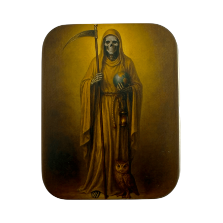 Figura Resina Santa Muerte Dorada 5cm en lata
