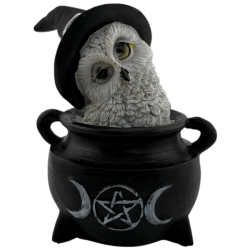 Figura Resina Búho Wicca Caldero Triple Luna Sombrero Negro 7,7x6,2x10cm